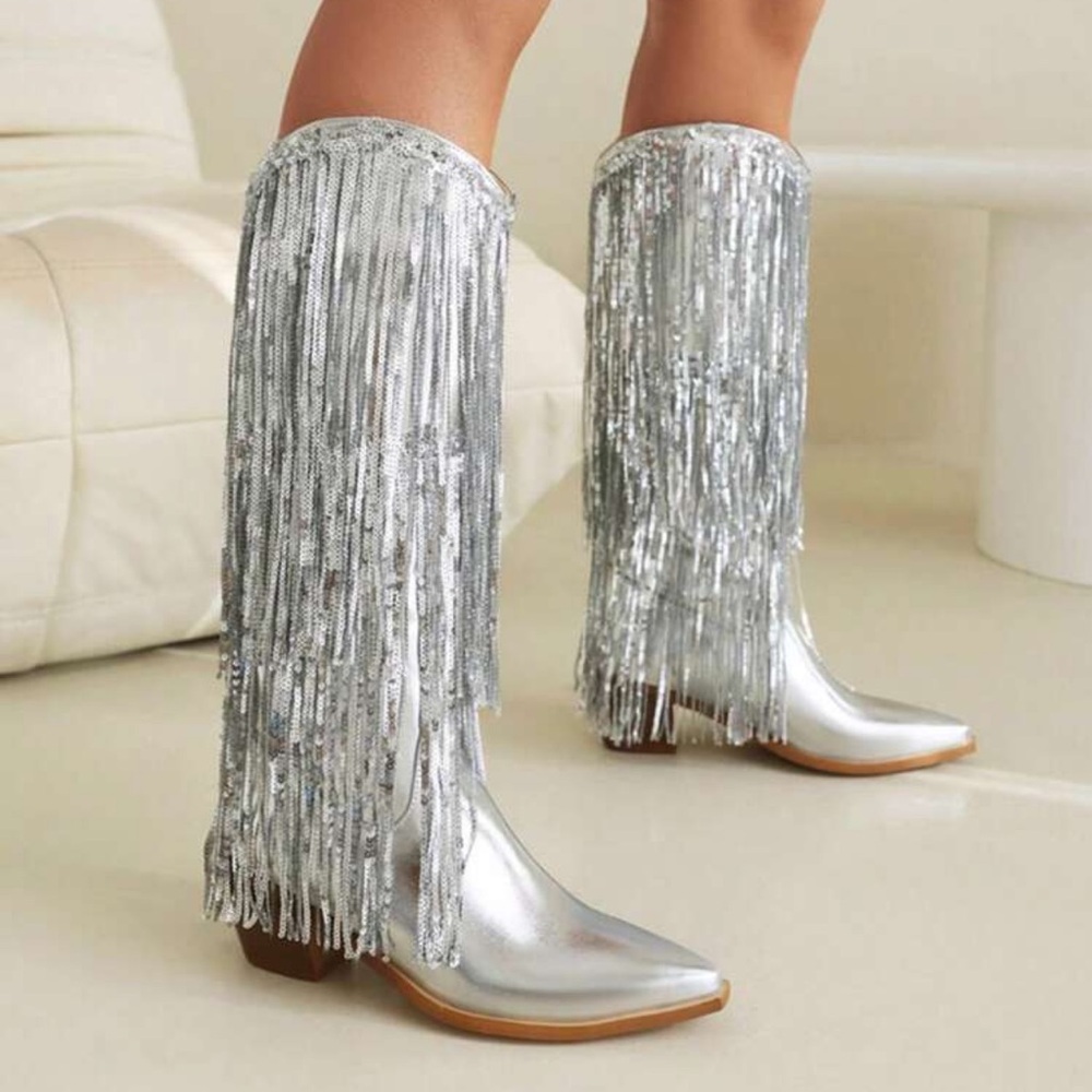 Silver sequin fringe cowboy boots tassels metallic vegan leather western - Picture 2 of 8
